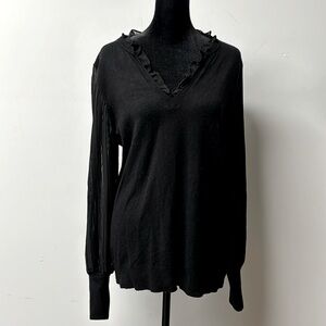 Siani Milano Women's Black Sweater Lace V-neck Cuffed Long Pleated Sheer Sleeves